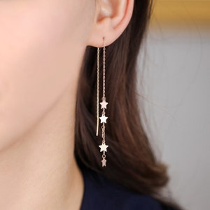ダングル スター ゴールド イヤリング - ゴールド イヤリング - ダングル スター ゴールド イヤリング - 14K ゴールド - ガールフレンドへのギフト - ダングル ゴールド イヤリング