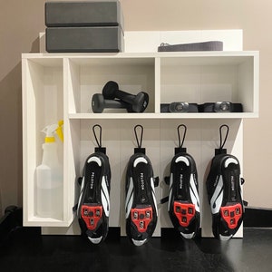 Modern Exercise Bike Shoe Shelf | 4 Pair of Shoes | Exercise Room | Cycling Water Bottle and Fitness Storage