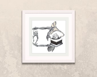 Puede incluir: Un dibujo en blanco y negro de una figura esquelética sosteniendo un gramófono vintage con una calavera en la parte superior. El dibujo está enmarcado en un marco blanco.