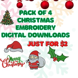 Op de afbeelding: Een digitaal downloadpakket met vier kerstborduurmotieven. De motieven omvatten een kerstboom, de kerstman, een hulsttak en een "Merry Christmas"-banner. De motieven zijn verkrijgbaar voor slechts €2.