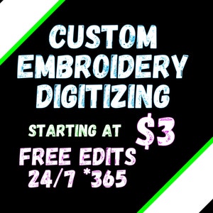 Puede incluir: Servicios de digitalización de bordado personalizados a partir de 3 € con ediciones gratuitas 24/7 * 365. El texto está en blanco, azul y verde sobre un fondo negro.