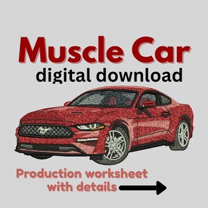 Può includere: Download digitale di un'auto sportiva rossa con la scritta "Muscle Car" in rosso e "digital download" in nero. L'immagine include anche la scritta "Production worksheet with details".