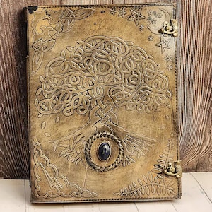 Grand journal grimoire en cuir d'arbre de vie, arbre généalogique de vie, cycle des renaissances.