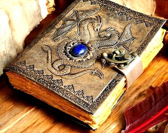 DnD Leather Journal with Gemstone | 200 Vintage Deckle Edge Paper | Brass C Clasp | Purple Gemstones | Double Dragon Notebook | Journals |