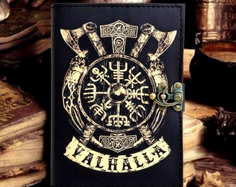 Valhalla lederen dagboek, Viking rune/bijl print dagboek Noorse mythologie cadeau voor schrijvers/krijgers The Home of the Gods 200 oude deckle rand.