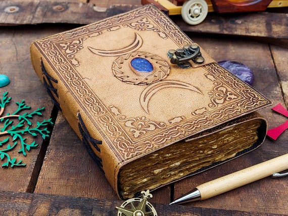 Triple Moon Third Eye Stone journal spell book grimoire leather journal  antique