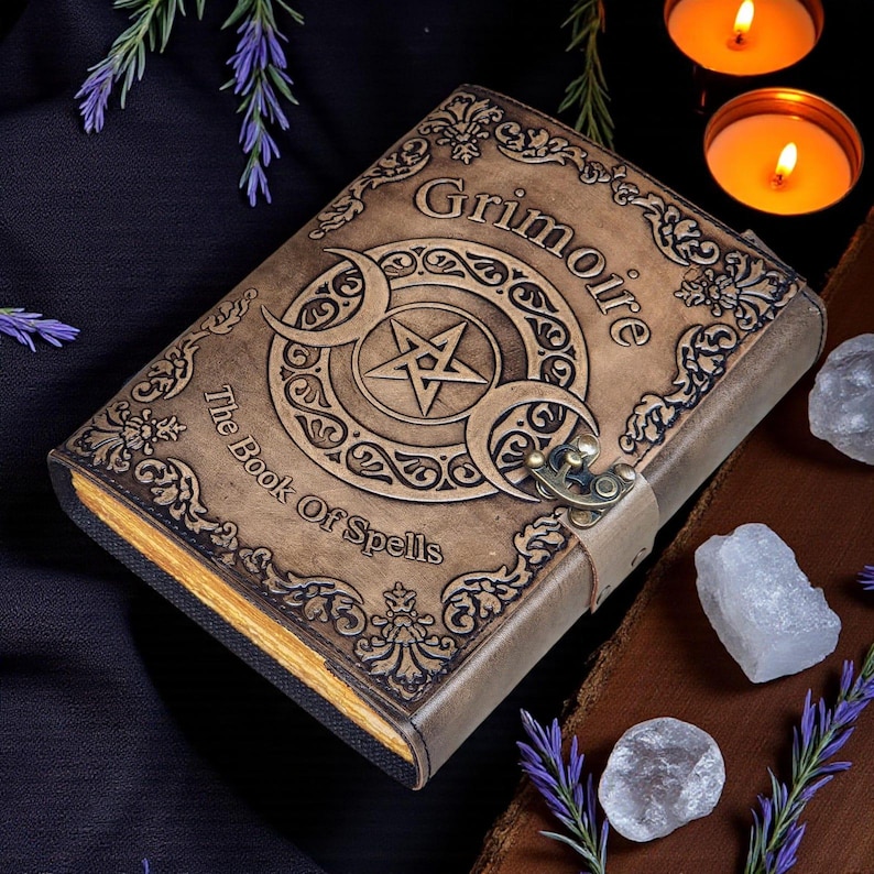 Grimoire Triple Moon Book of Spells Embossed Leather Journal, Witchcraft, Wiccan/Pagan 400 Page Grimoire, Magic Spellbook Gift For Witches. image 4