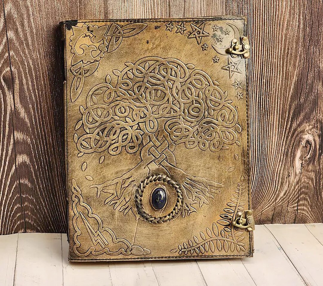 Embossed Tree of Life Leather Journal: Celtic Grimoire With Gemstone - Etsy