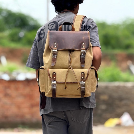 canvas backpack leather accents Lmagice Genuine waxed Travel Rucksack Laptop Bag : Electronics With ample space and a padded back Genuine Leather & Canvas Vintage