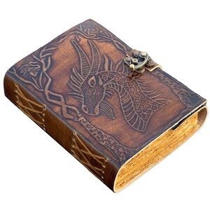 Mystical Dragon Leather Journal, handmade vintage look Notebook, antique Deckle Paper fantasy Sketchbook gift, 7x5 inch Grimoire, 200 pages