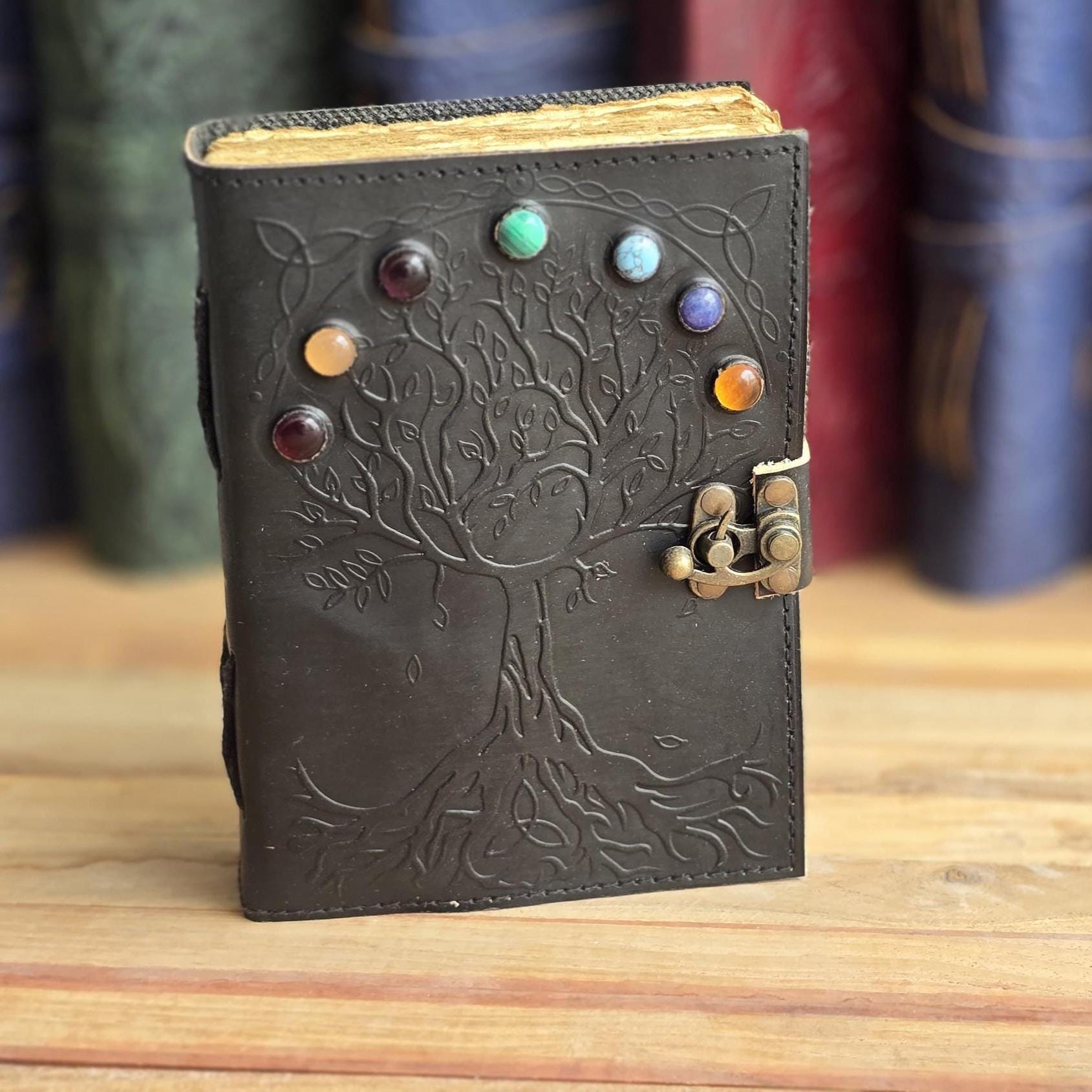 Tree of Life Leather Journal – 7 Chakra Stones, Deckle Edge Grimoire - Etsy