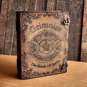 Grimoire Triple Moon Book of Spells Embossed Leather Journal, Witchcraft, Wiccan/Pagan 400 Page Grimoire, Magic Spellbook Gift For Witches.