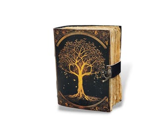 Tree of Life Leather Grimoire Journal, Blank Book of Shadows, A5 Recipe Notebook