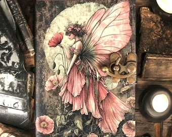 Handmade Fairy Leather Grimoire: Christmas Gift Book of Shadows - Deckle edge paper.
