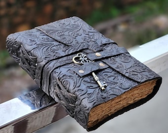 Embossed Leather Journal with Key Lock: Handcrafted Grimorie, Travel Diary.