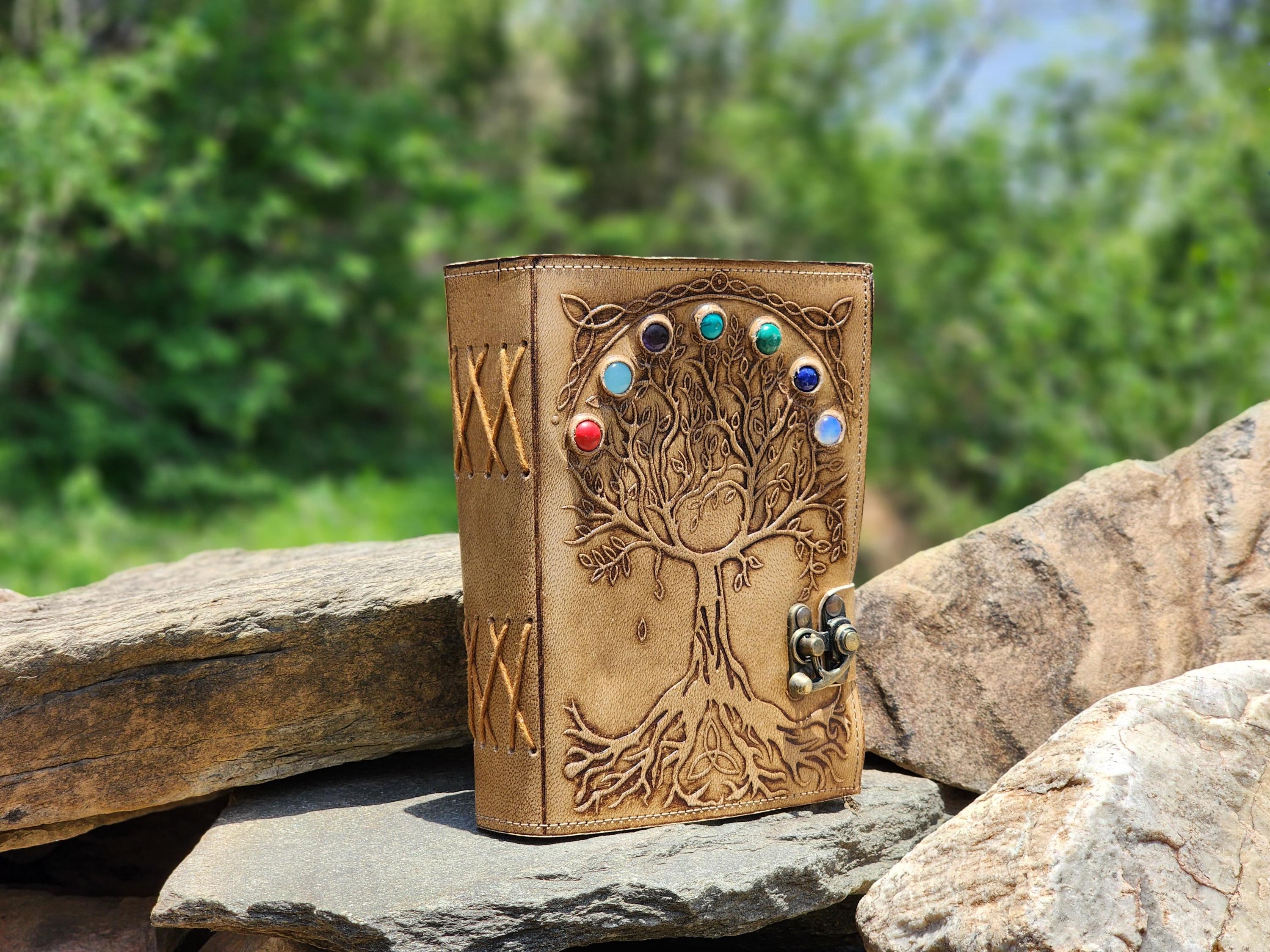 Tree of Life Leather Journal With 7 Chakra Stones, Deckle Edge Paper - Etsy