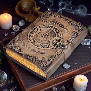 Grimoire Triple Moon Book of Spells Embossed Leather Journal, Witchcraft, Wiccan/Pagan 400 Page Grimoire, Magic Spellbook Gift For Witches. image 1