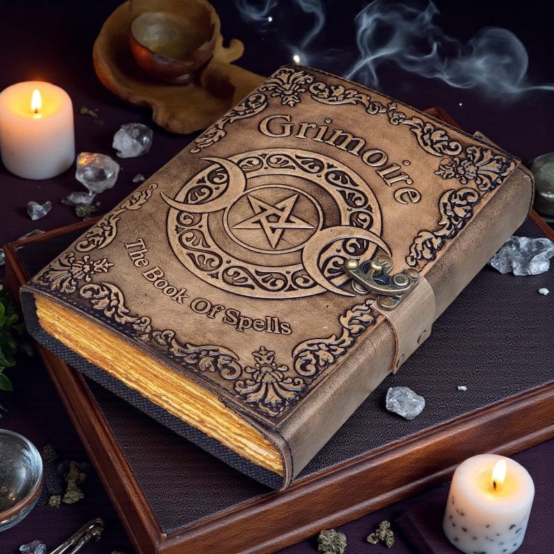 Grimoire Triple Moon Book of Spells Embossed Leather Journal, Witchcraft, Wiccan/Pagan 400 Page Grimoire, Magic Spellbook Gift For Witches. image 1