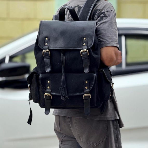 Canvas Backpack: Leather Fabric, School and Collage Type  display picture 1
