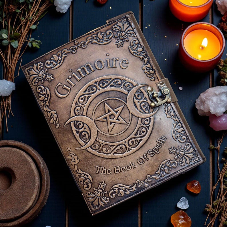 Grimoire Triple Moon Book of Spells Embossed Leather Journal, Witchcraft, Wiccan/Pagan 400 Page Grimoire, Magic Spellbook Gift For Witches. image 2