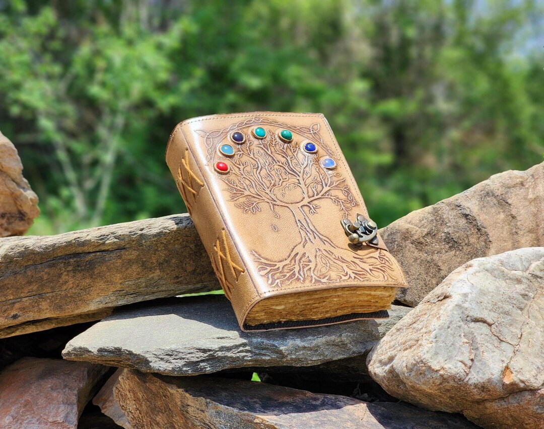Tree of Life Leather Journal With 7 Chakra Stones, Deckle Edge Paper - Etsy