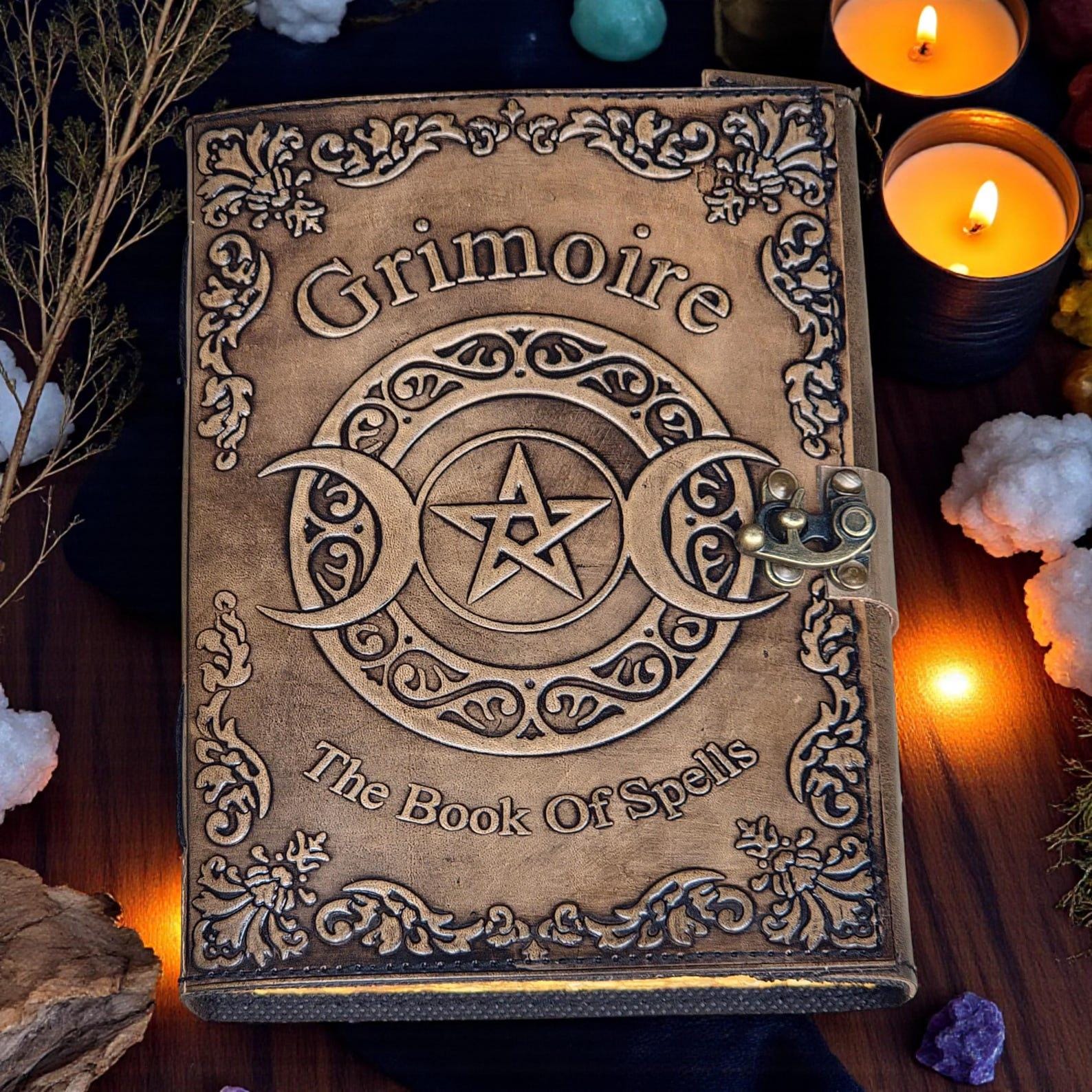 Grimoire Triple Moon Book of Spells Embossed Leather Journal