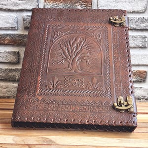Carpeta de cuero personalizada de 2, 3 y 4 anillos, carpeta de grimorio de cuero con árbol de la vida, carpeta de cuero, carpeta con cubierta organizadora/grimorio.