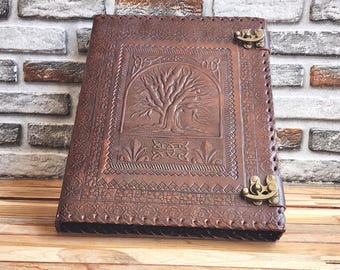 Personalized Leather 2,3,4-Ring Binder, Leather Grimoire Binder with Tree of Life, Leather Folder, Grimoire/Organizer Cover Folder Grimoire.