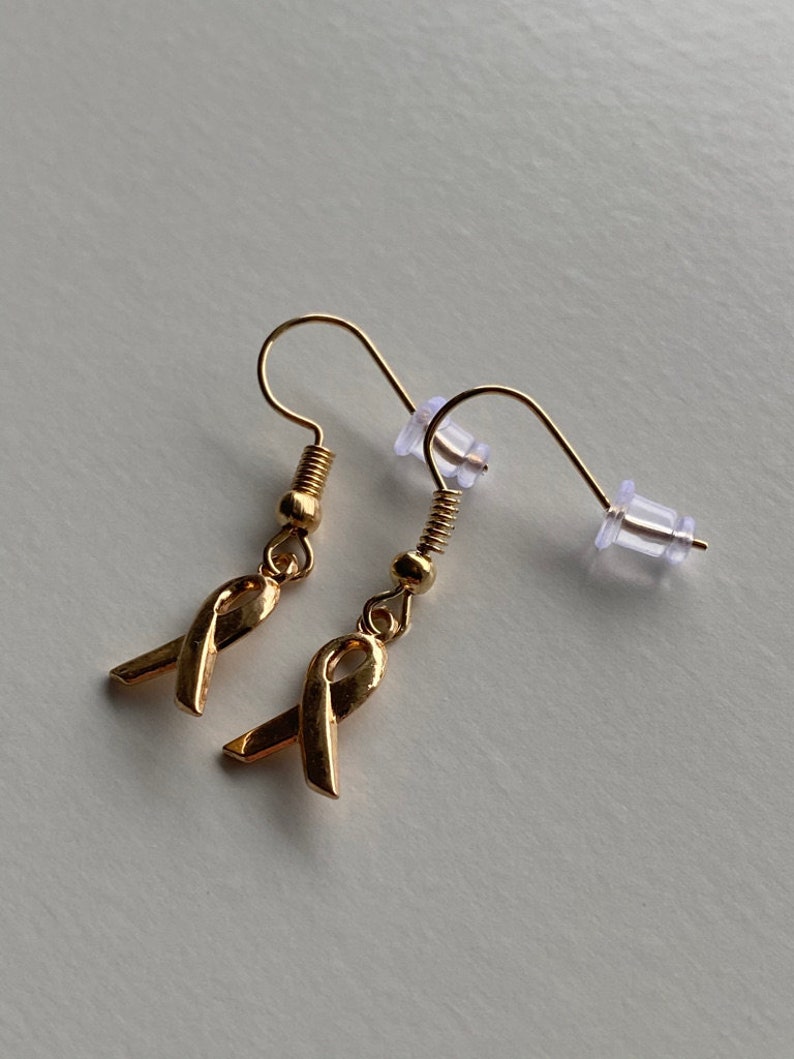 Cancer Survivor Earrings Survivor Jewelry Golden Breast Cancer Awareness Ribbon Earrings Sterling Silver Earrings