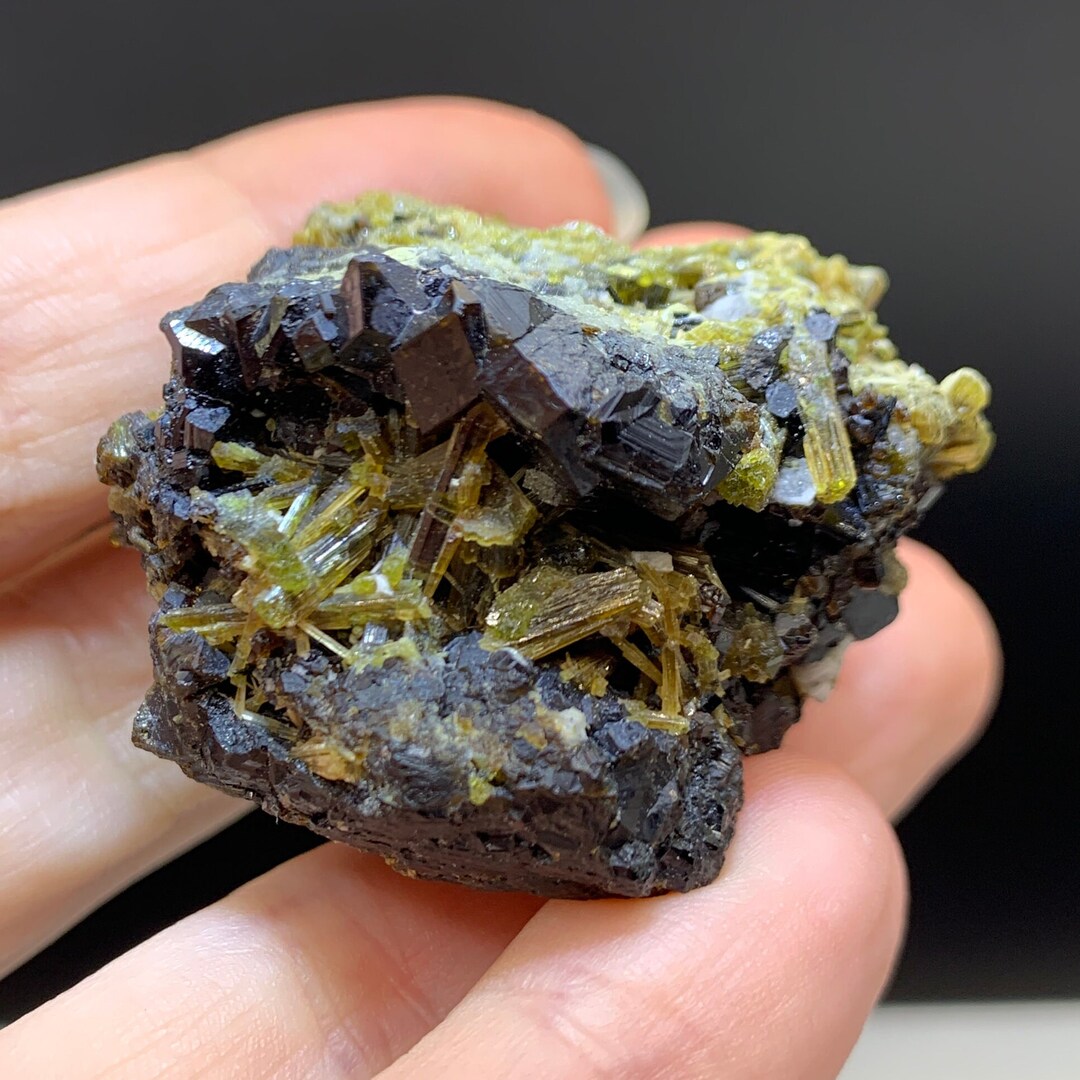 Andradite Var Black Melanite Cluster With Epidote Etsy