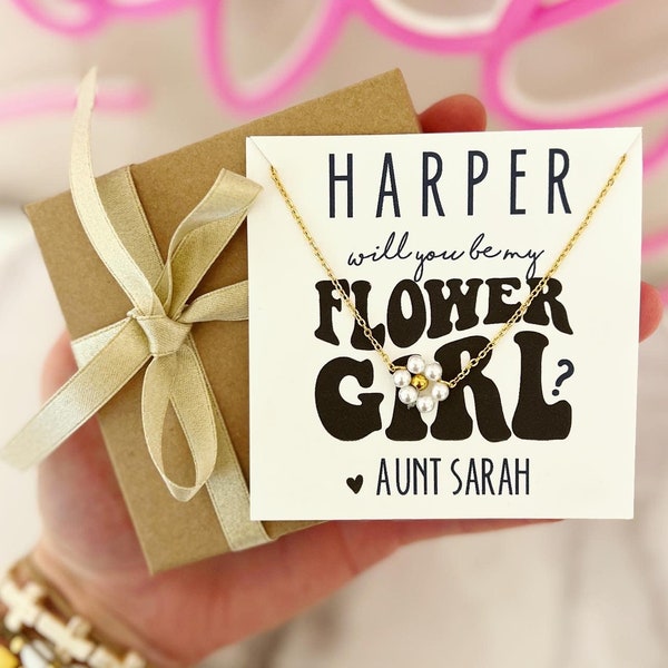 Flower Girl gold & Pearl flower necklace!With Card, Box And Ribbon,  Flower girl thank you necklace, will you be my flower girl? no tarnish!