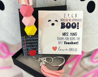 Halloween Teacher gift! Teacher Lanyard w/Glitter Acrylic Charm, tassel and rainbow with beads! Personalized Halloween card, box & ribbon!
