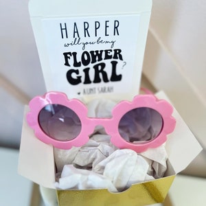 Retro Flower Girl Flower Sunglasses, personalized card & box! Flower Girl thank you gift, will you be my flower girl, thank you flower girl