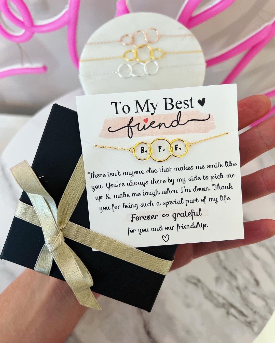 Friend Ribbons Best Friend Necklace! Triple Hoop Infinity Necklace, Card, Box + Ribbon ...