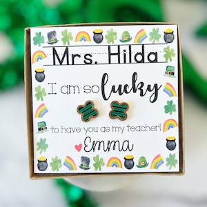 Leraar St. Patrick's Day-cadeau! Geluks- en klaver-oorknopjes! Gepersonaliseerde St. Patrick's Day-kaart, inclusief doos+lint! Leraar cadeau!