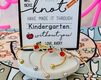 End of Year Teacher Gift Knot Bangle with apple charm, personalized Heart Card! Box & Ribbon included! Teacher appreciation thank you gift!