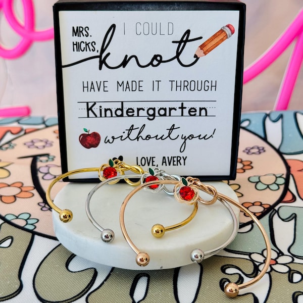 End of Year Teacher Gift Knot Bangle with apple charm, personalized Heart Card! Box & Ribbon included! Teacher appreciation thank you gift!