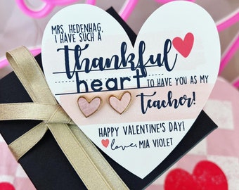 Pink + Gold Heart studs, Teacher Valentine's Day gift, Thanks for being the best teacher, personalized card, box & ribbon!