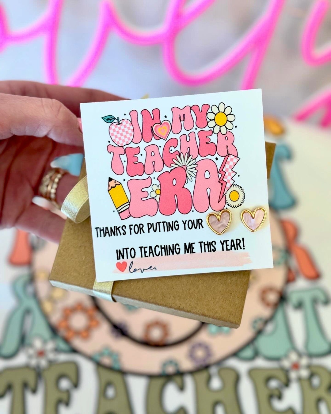 Teacher Appreciation End of Year Gift, Pink & Gold Heart Stud Earrings ...