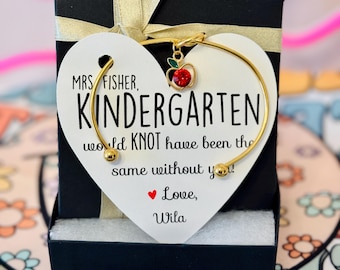 End of Year Teacher Gift Knot Bangle w/apple charm! personalized Card!Box&Ribbon included! Teacher appreciation thank you gift! Principal