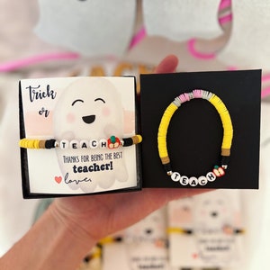 Trick or Teach, Halloween Teacher gift! Teacher appreciation gift, clay disc Yellow Pencil teach bracelet, card, box + ribbon!