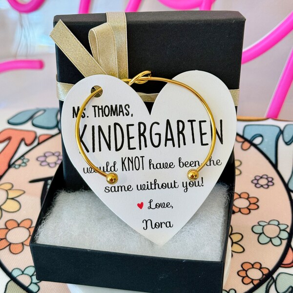 End of Year Teacher Gift Knot Bangle, personalized Heart Card! Box & Ribbon included! Teacher appreciation thank you gift! School staff gift