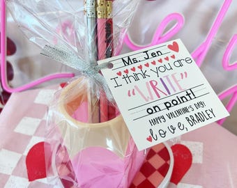 Valentine teacher gift! Engraved Personalized Pencils for Teacher!  You are &quot;write&quot; on point! Gift wrap w/heart card, pencil cup holder!