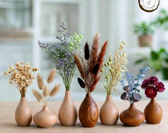 Teak Wood Mini Bud Vase Set of 7, Handmade Wooden Flower Vase, Rustic Farmhouse Decor, Small Dried Flower Vase, Table Decor