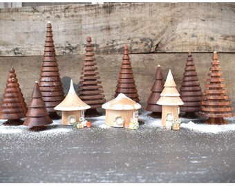 Handmade Wooden Christmas Village: Tabletop Tree & Hut Decoration