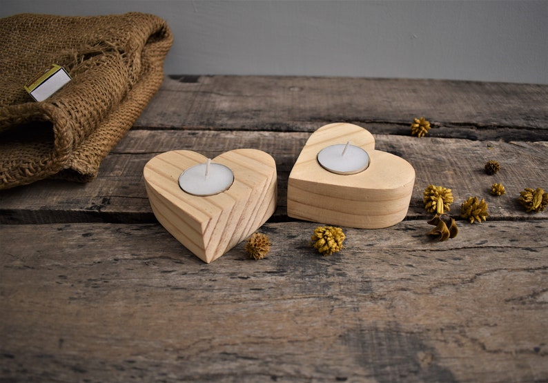 Handmade tea light heart shape holder set of 2, wooden candle heart shape holder, heart candle holder, Anniversary gifts ,home decor, image 1