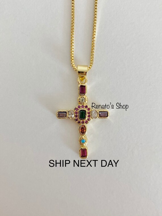 Gold Cross Necklace Dainty Cross Necklace Crystal Cross Etsy