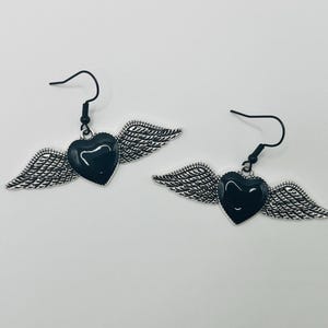 Gothic Black Heart Wing Dangle Earrings, Dark Love Earrings, Gothic Black Heart Jewelry, Dark Love Jewelry, Gift For Her