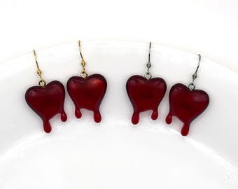 Bleeding Heart Earrings, Red Dripping Heart Dangle Earrings, Gothic Jewelry, Horror Earrings, Valentine’s Day Earrings, Heart Jewelry