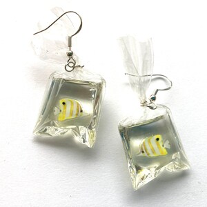 Fish In A Bag Dangle Earrings, Fish Earrings, Ocean Earrings, Tropical Earrings, Hypoallergenic, Quirky Earrings, Unique Earrings Yellow/White Fish
